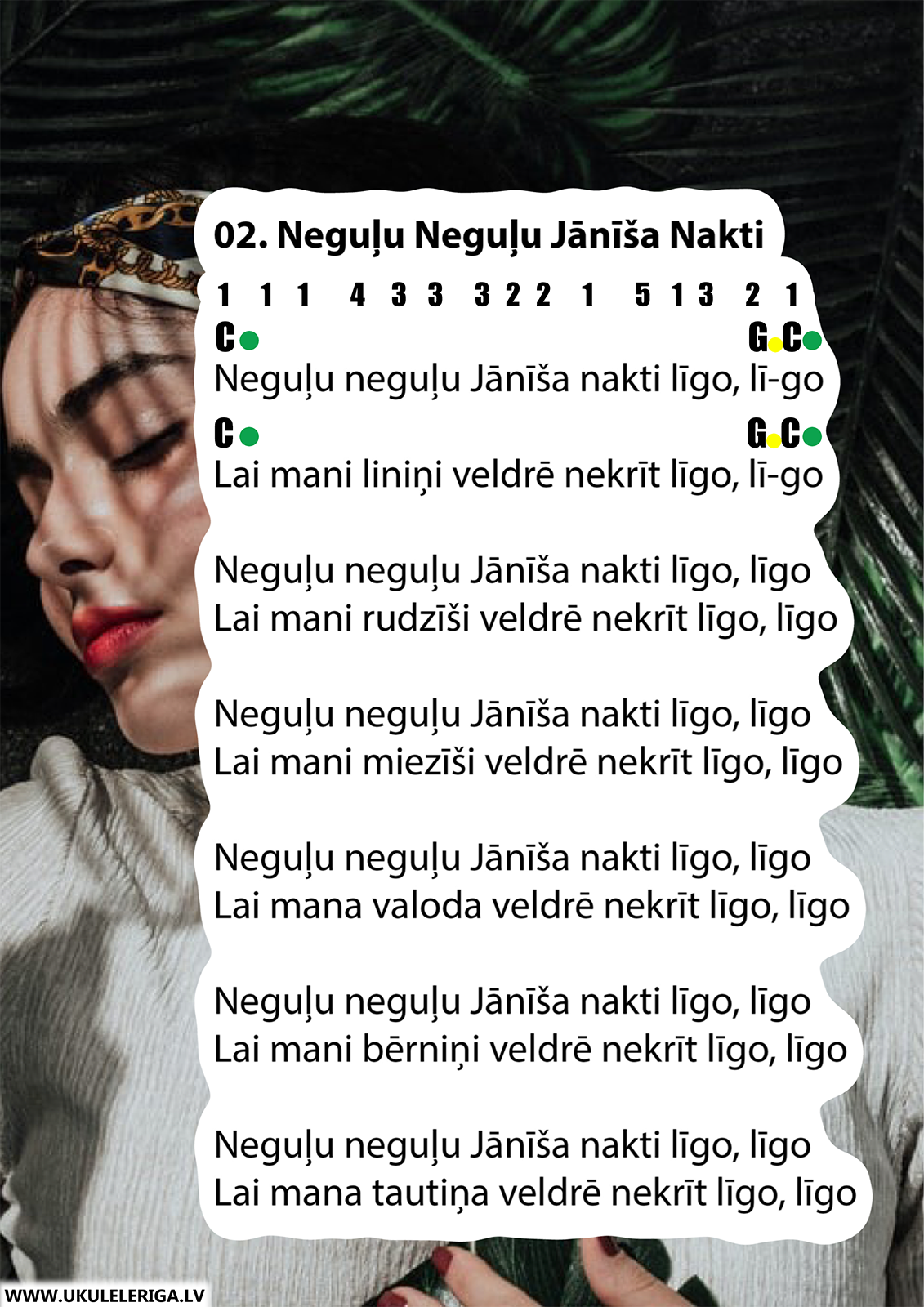 PDF grāmata 9 UKULELES LĪGO DZIESMAS ar akordiem un cipariņiem Kalimbai un Zvangām (Video paraugi Ukulelei un Ģitārai)