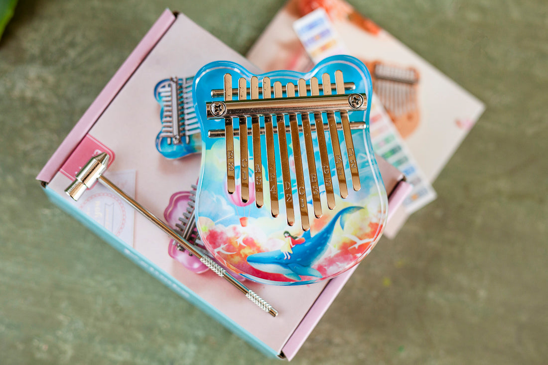 Portable 10 Key Acrylic Kalimba with Engraved Numbers and Whale Design, Health-Friendly and Easy to Play + Tuning Hammer