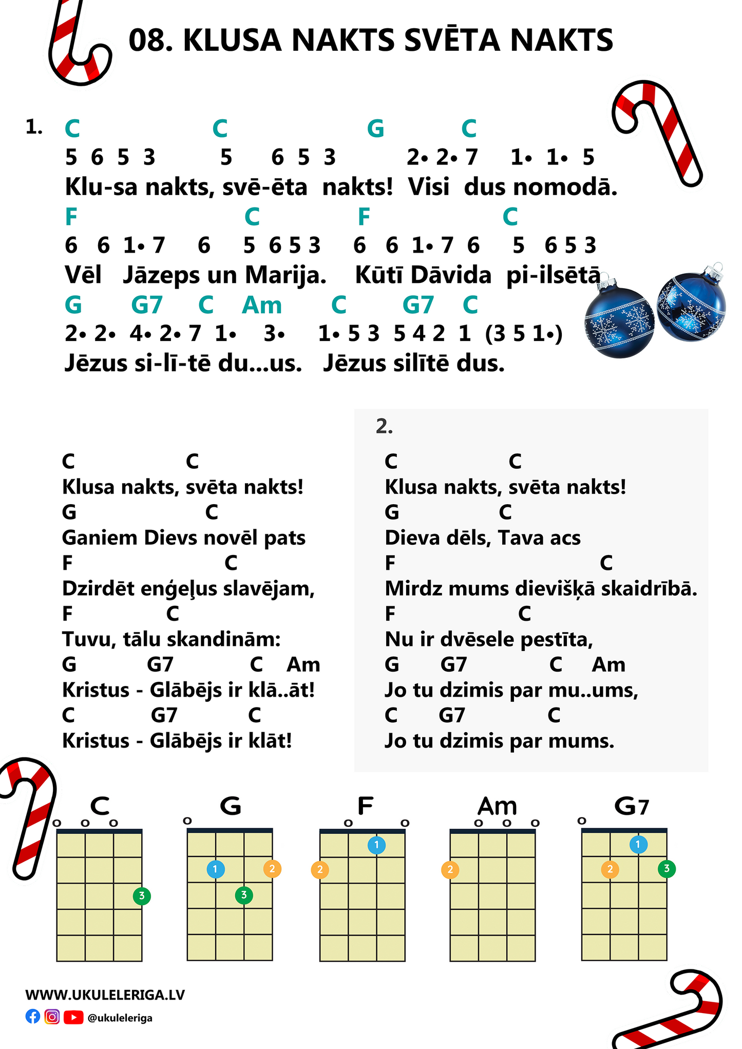 PDF Dziesmu grāmata ZIEMASSVĒTKU DZIESMAS (ar cipariņiem zvangām/kalimbām un akordiem ukulelei)