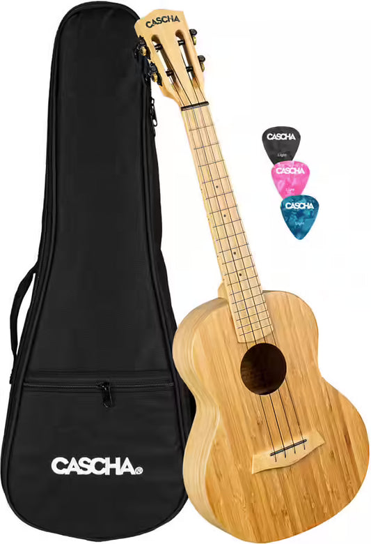 Tenora izmēra ukulele Cascha Bamboo Natural HH 2314 + Soma un mediatoru komplekts