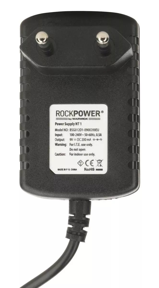 RockPower Strāvas pastiprinātājs efektu pedāļiem (9V DC, 200 mA, (-) Center, Euro Plug)