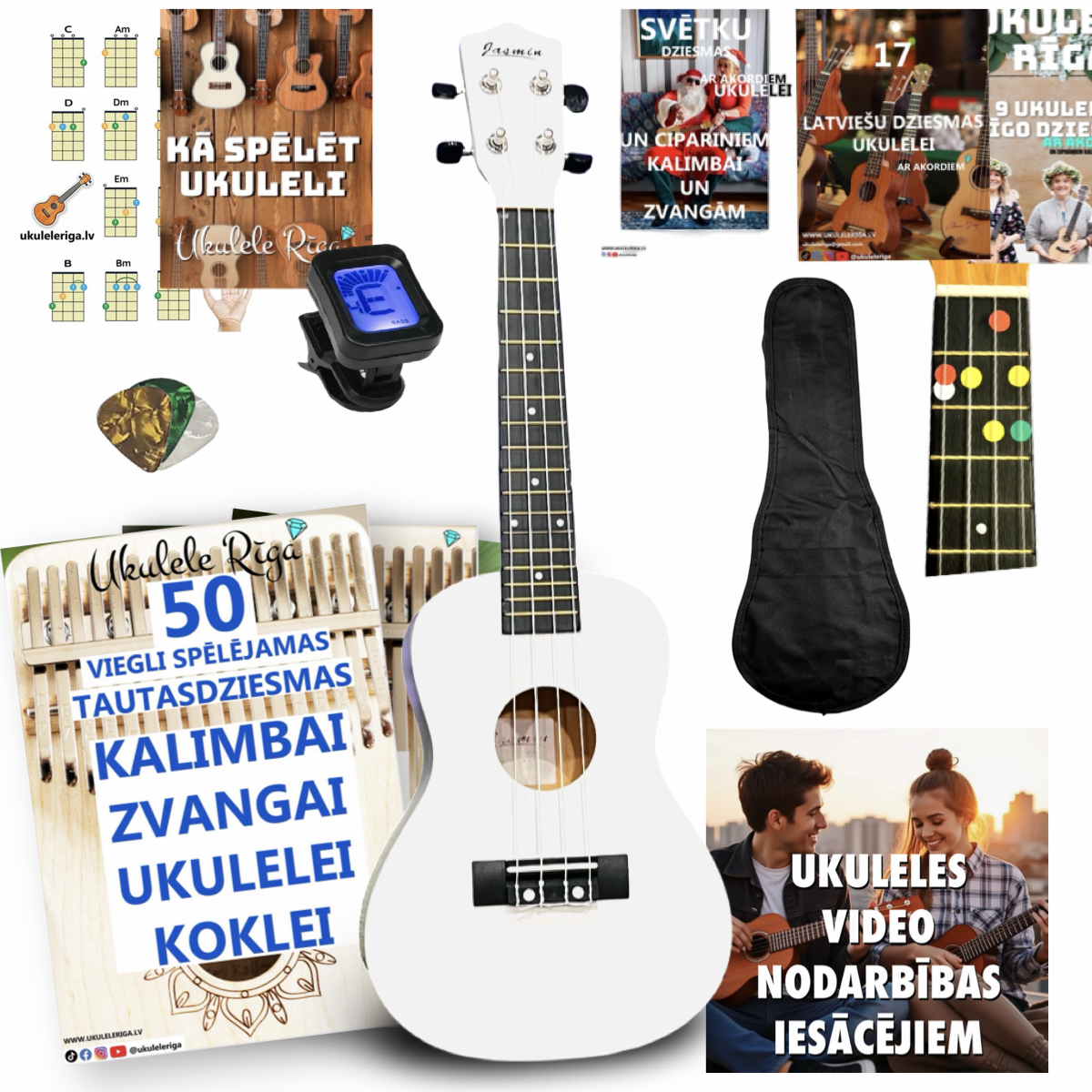 Koncerta izmēra ukuleles komplekts iesācējiem Jasmin Snow White Balta