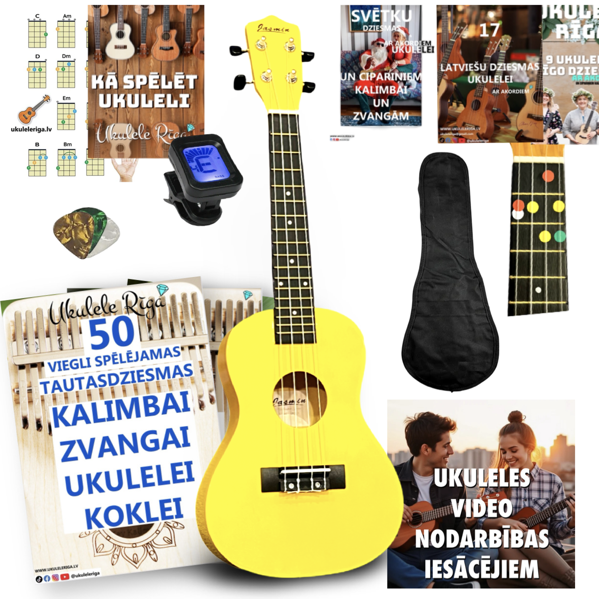 Koncerta izmēra ukuleles komplekts iesācējiem Jasmin Yellow Sun Dzeltena