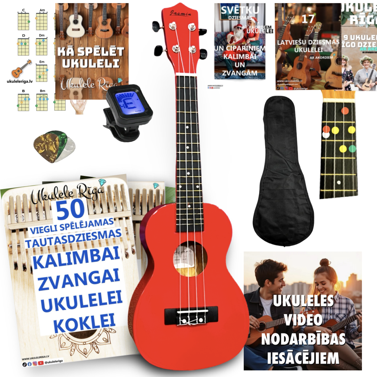 Koncerta izmēra ukuleles komplekts iesācējiem Jasmin Cherry Red Sarkana
