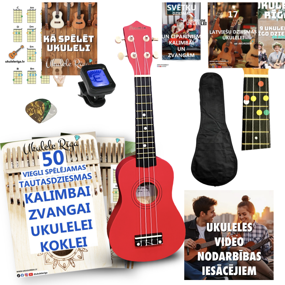 Soprāna izmēra ukuleles komplekts Jasmin Red Sarkana