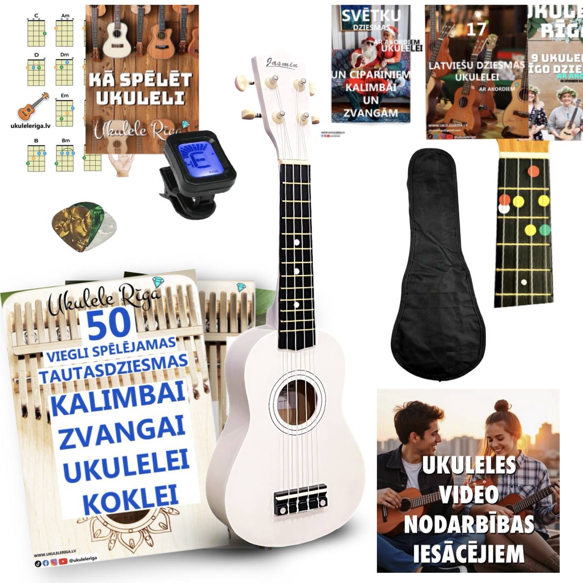 Soprāna izmēra ukuleles komplekts Jasmin Snow White Balta