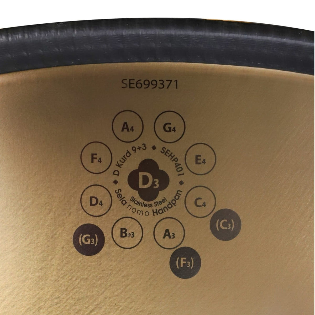 Sela Nomo Handpan D Kurd 12 notis (trīs basa notis apakšā) + Soma