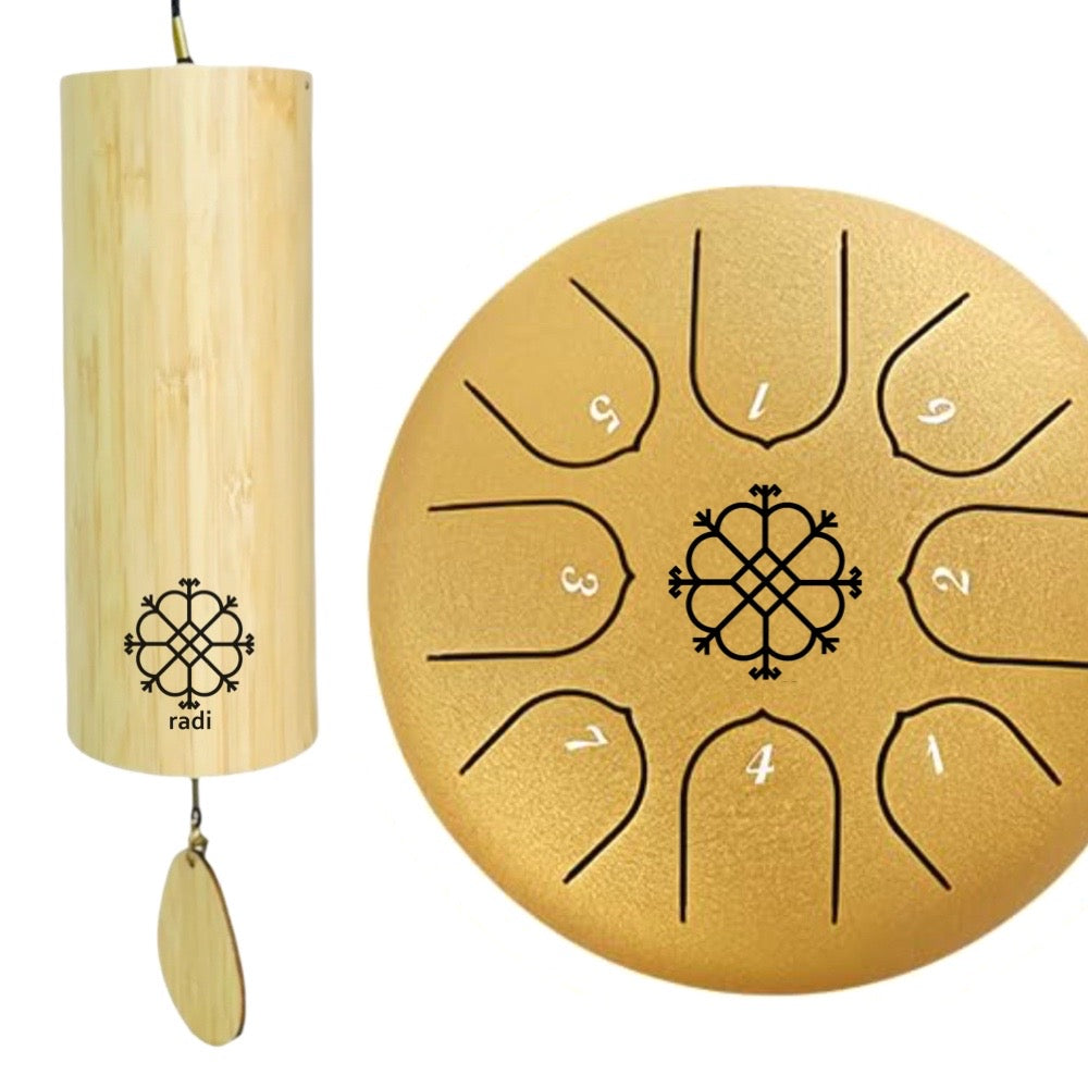 Dāvanu Komplekts meditācijām: Radi Vēja Zvans 432hz + Radi Custom 6” 8 nošu zvanga Ab maj 432hz Gift set Sirds Čakras harmonija