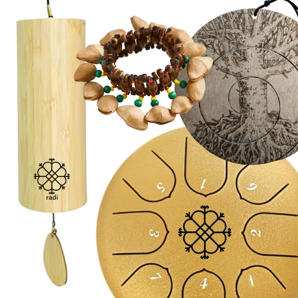Pilns Komplekts meditācijai: Radi Vēja Zvans 432hz + Radi 6” 8 nošu zvanga C maj + Soundnest Pocket Gong + Seed shaker rokassprādze Gift set