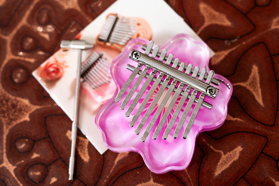Portable 10 Key Acrylic Kalimba with Engraved Numbers and Sakura Design Easy to Play + Tuning Hammer