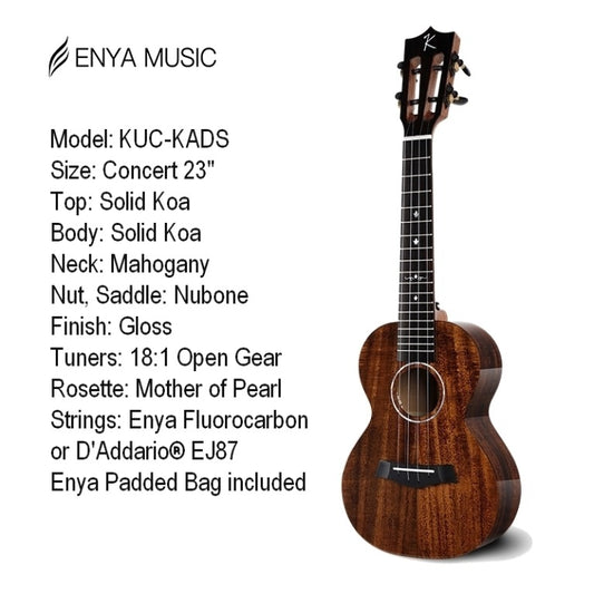 ENYA KUC-KADS EQ Koncerta Izmēra SOLID ACACIA UKULELE Acoustic/Electric + Soma
