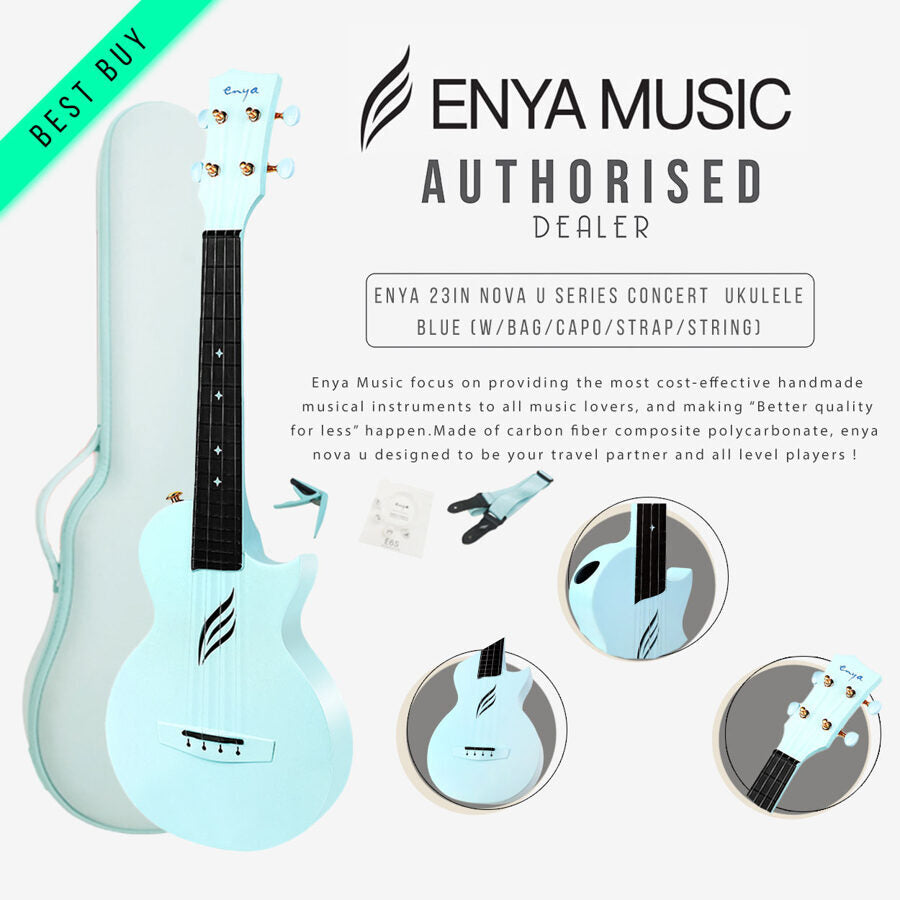ENYA NOVA U GAIŠI ZILA Koncerta izmēra Carbon Fiber UKULELES KOMPLEKTS (ar somu un aksesuāriem)